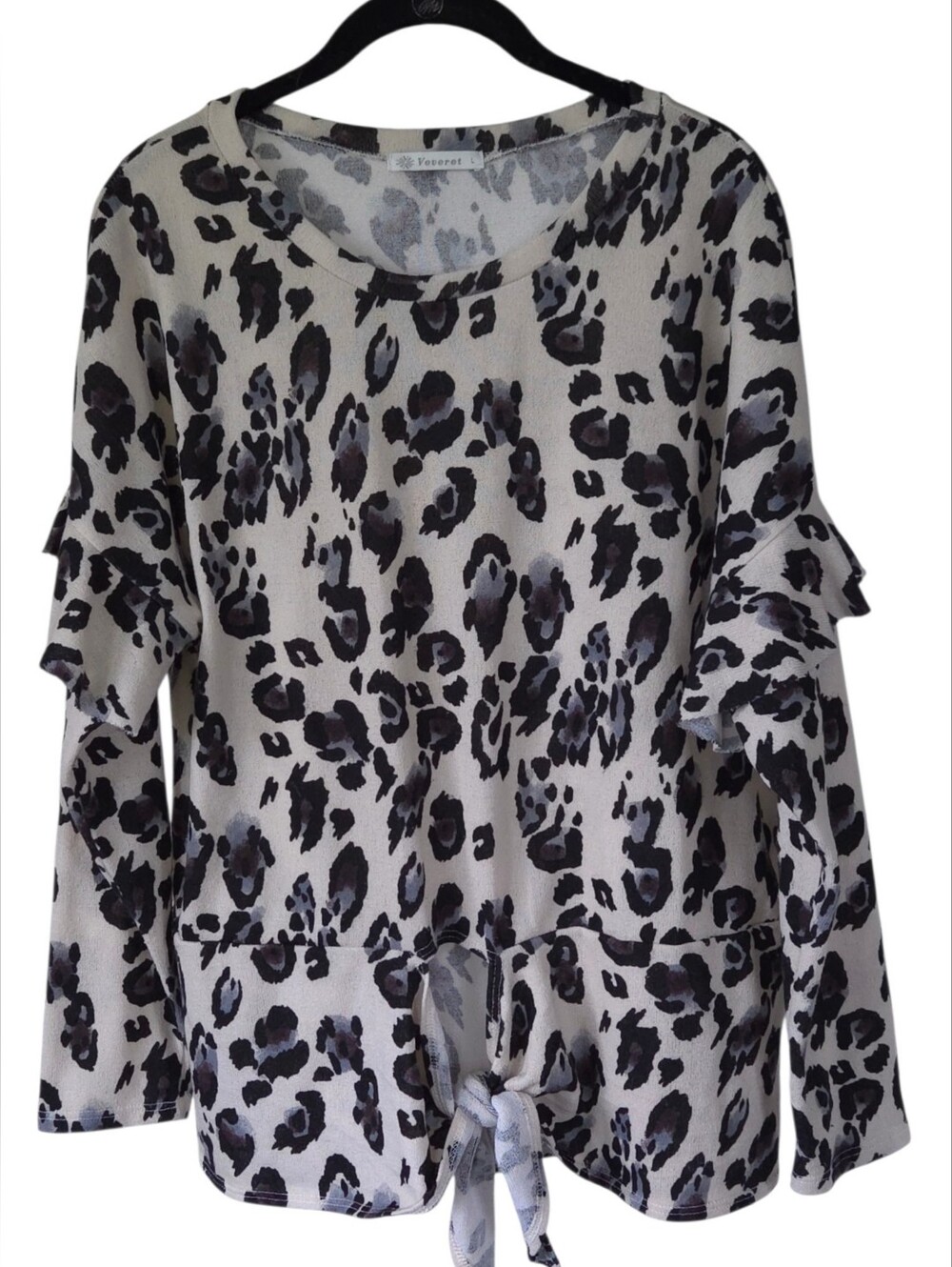 Veveret Leopard Print Tie Front Ruffle Sleeve Knit Top L Boho Night Out Glam